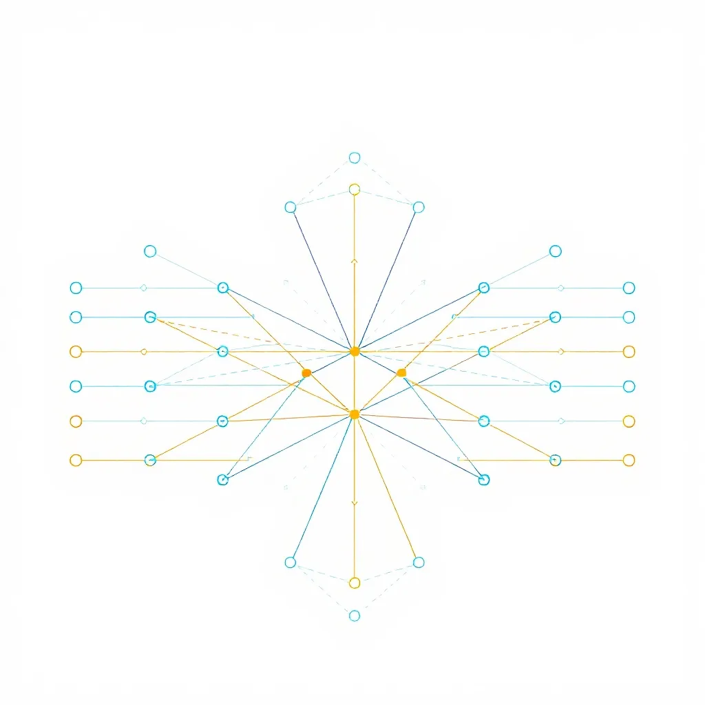 Technical schematic of neural network layers, blue and gold