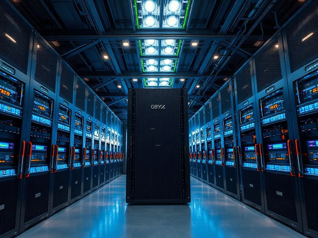 A high-tech server room with glowing blue and gold lights, r