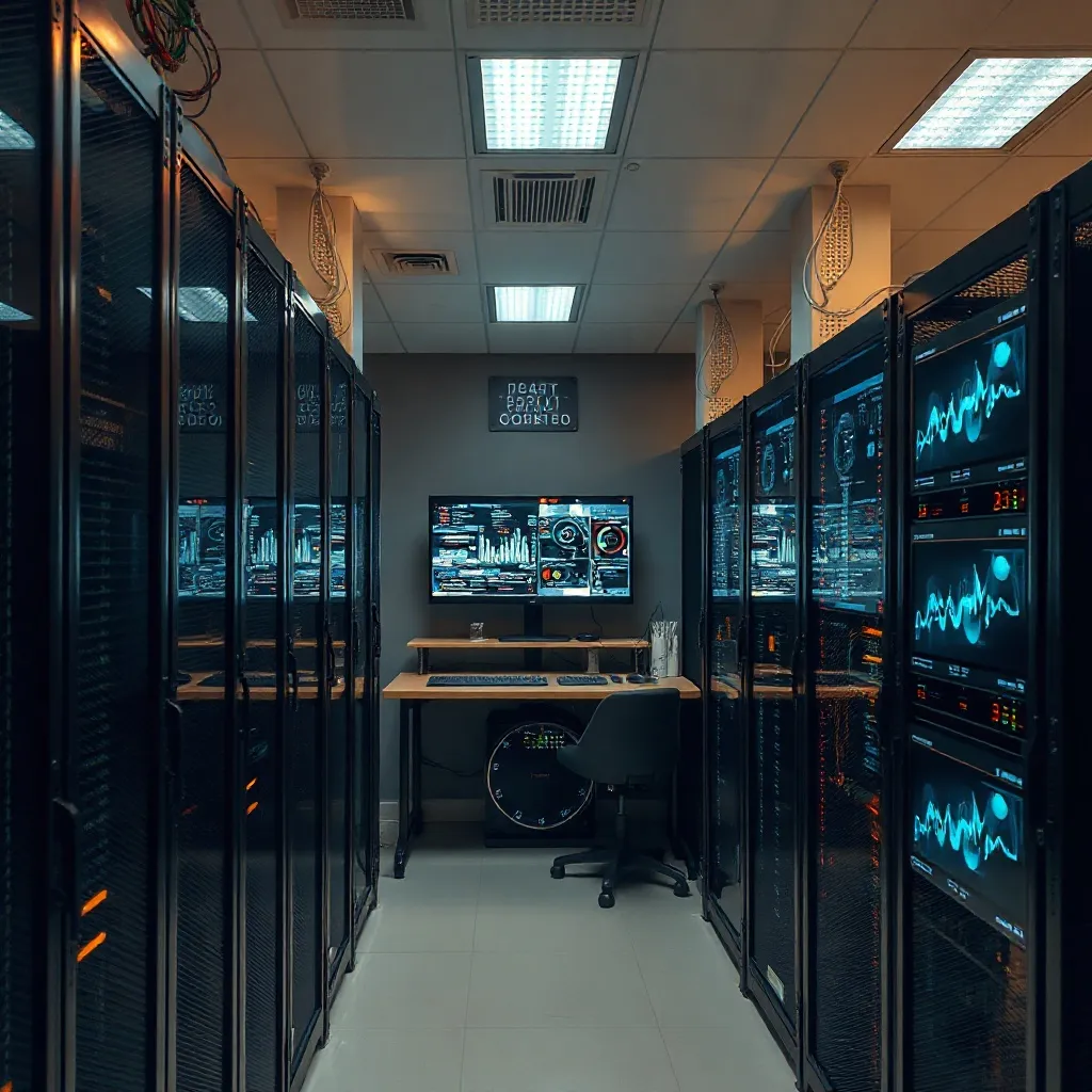 A high-tech laboratory environment with server racks and abs